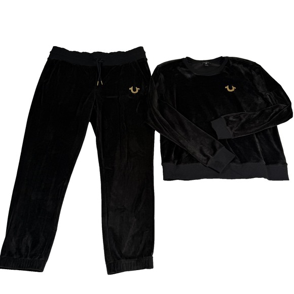 True Religion Velour Tracksuit Womens XL Crewneck Jogger Set Black Sweatsuit - Picture 1 of 14